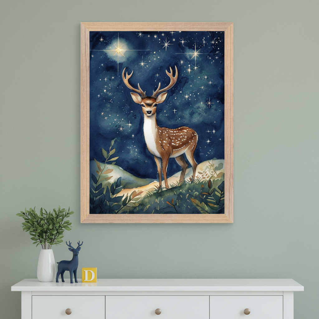 Magical Deer Wall Art for Nursery, Playroom or Kids Bedrooms - Starry Night Woodland Decor - Starry Stag