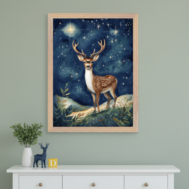Modern kid's room with a white dresser against a sage green wall. A framed watercolor of a brown deer with antlers under a starry night sky hangs centered above the dresser. A plant, deer figurine, and 'D' block sit on the dresser.