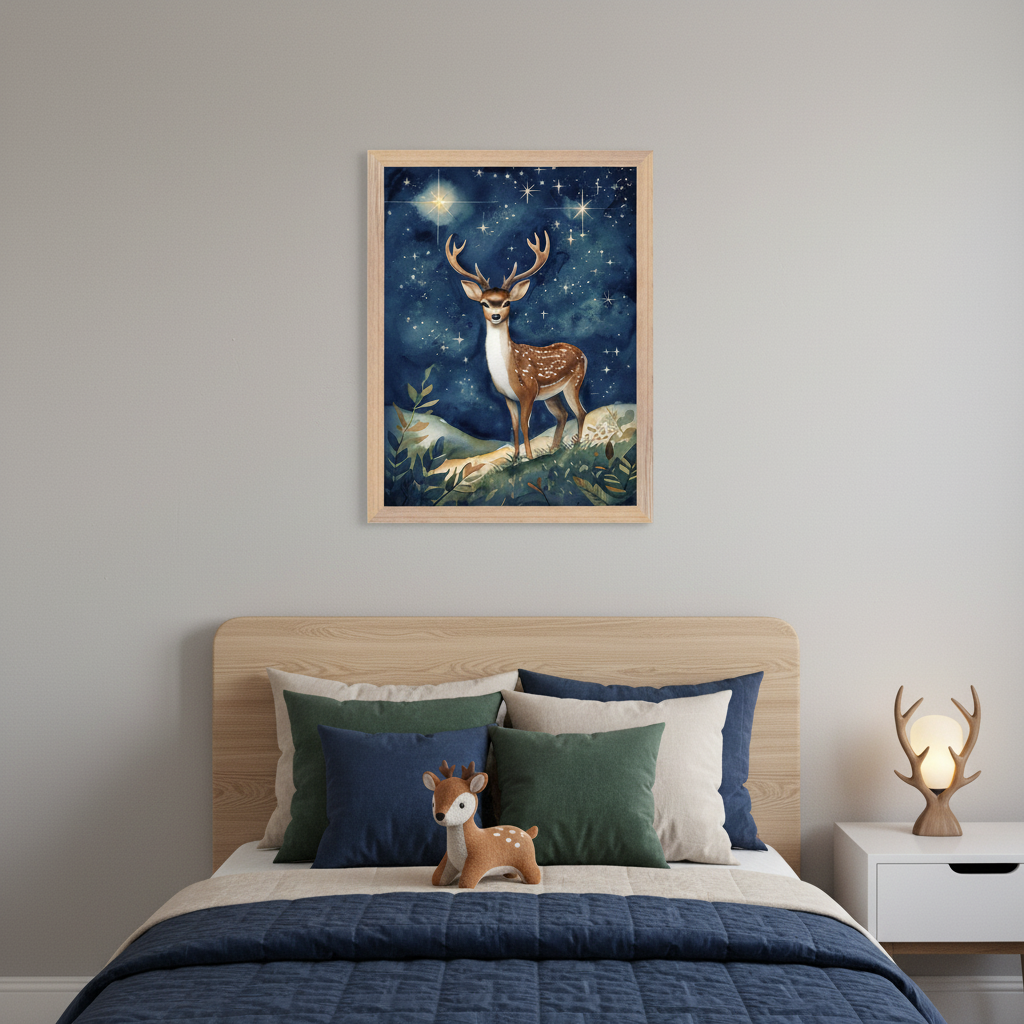 Modern kid's bedroom with a wooden bed, blue bedding, and a deer plush toy. A large framed watercolor painting of a deer under a starry night sky hangs above the bed. A deer antler lamp is on the nightstand.