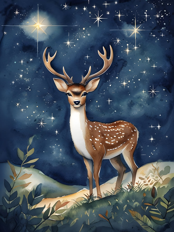 A graceful deer with antlers stands on a lush hill, surrounded by vibrant foliage under a starry night sky.