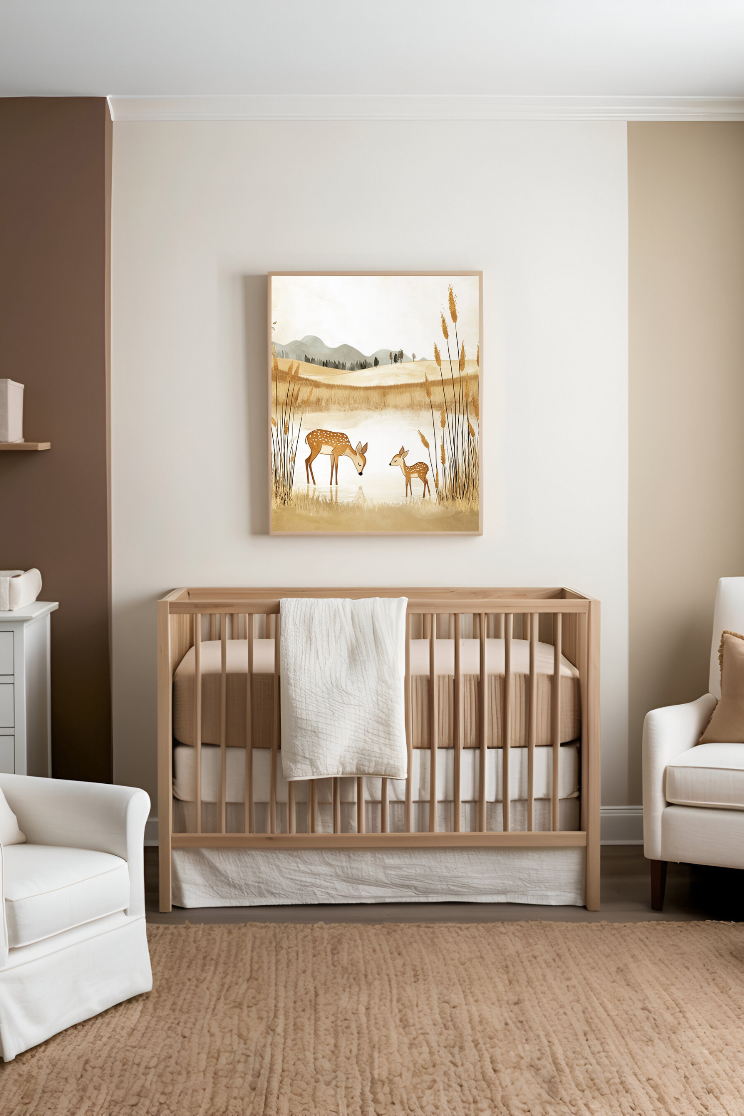 A neutral-toned nursery featuring a wooden crib with beige bedding and a soft white blanket. Above the crib hangs an illustration of two deer by a serene pond, enhancing the room's calm, natural aesthetic.