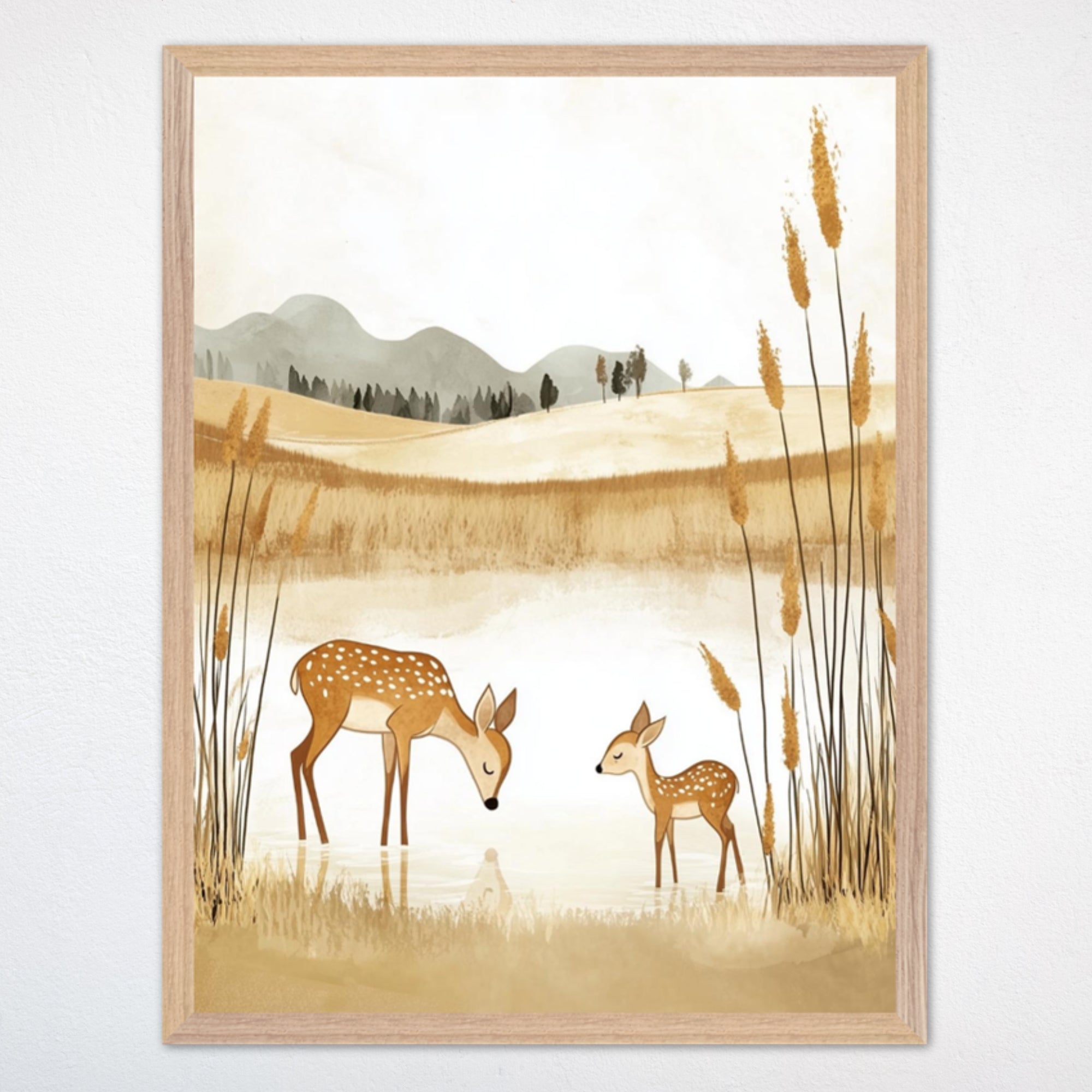 Illustration of two deer, an adult and a fawn, standing by a serene pond surrounded by golden grasses and cattails. Soft rolling hills and distant mountains are depicted in gentle earthy tones, creating a calming nature scene.