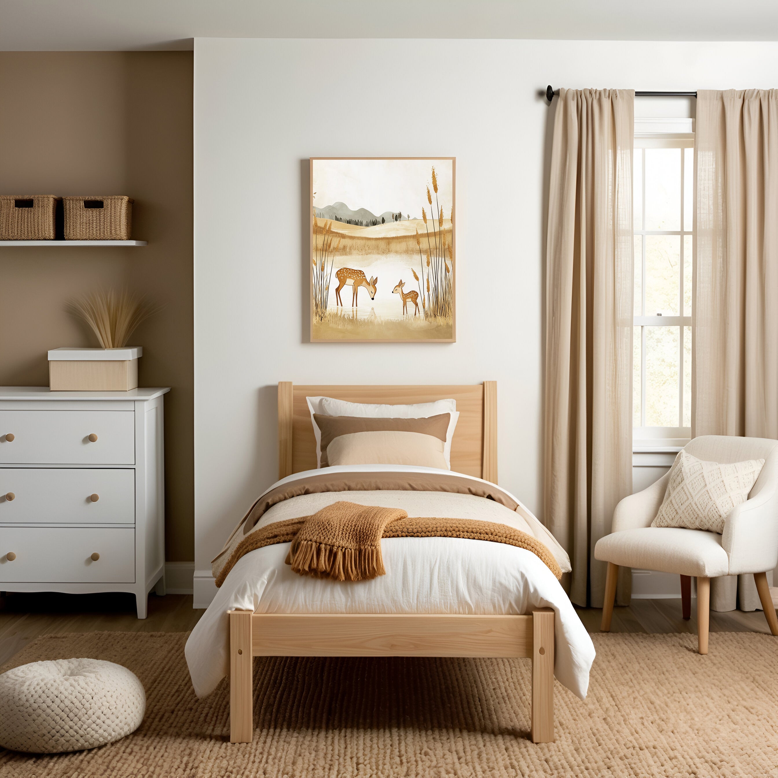 A neutral children's bedroom featuring a wooden twin bed with layered beige bedding and a cozy knitted throw. Above the bed hangs artwork depicting two deer by a peaceful pond, complementing the room's earthy tones and creating a soothing atmosphere.