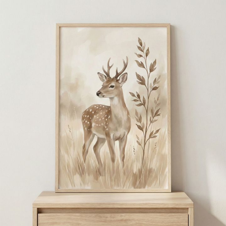 A vertical framed illustration in a light wood frame features a young deer with small antlers standing in a field of tall grass. The artwork is done in a soft, watercolor style using a neutral color palette of beige, tan, and brown. The deer has white spots on its back and gazes to the side. A slender, leafy branch stands tall to the right of the deer. The framed art sits on a light wooden dresser against a plain, off-white wall.