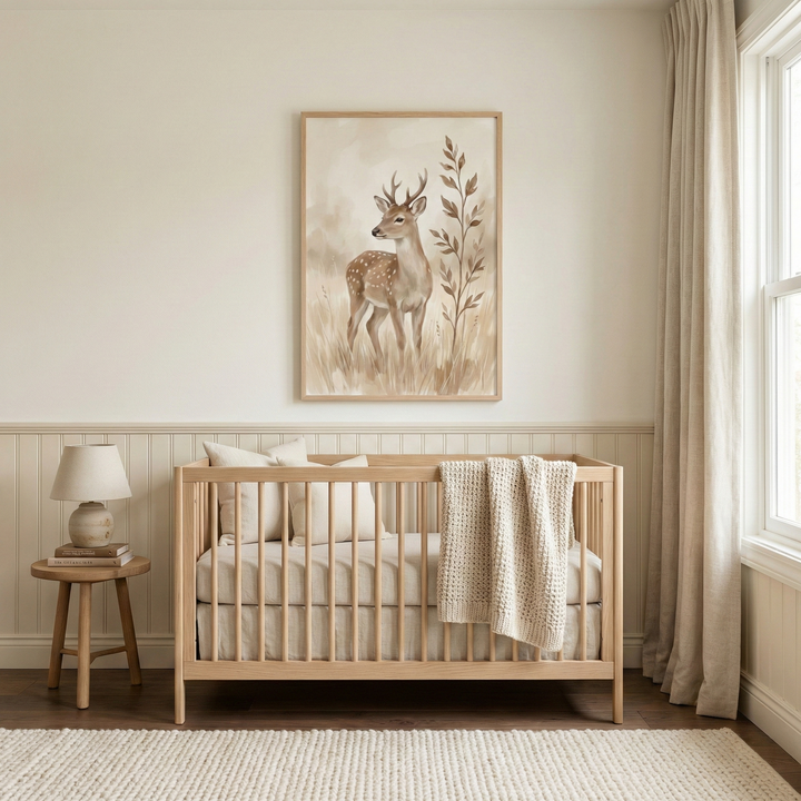 A neutral-toned baby nursery featuring a light wood crib against an off-white wall. Above the crib hangs a framed artwork of a young deer in a field, depicted in soft earth tones. The crib includes beige pillows and a textured cream blanket. To the left, a small wooden table holds a lamp on top of books. To the right, long cream curtains frame a window. The room has light wainscoting and a textured neutral rug on the floor, creating a calm and natural atmosphere.