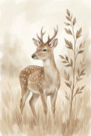 Watercolor artwork of a young deer with small antlers standing in tall grass beside delicate branches, painted in muted earth tones with a calm woodland theme.

