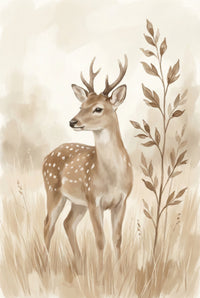 Watercolor artwork of a young deer with small antlers standing in tall grass beside delicate branches, painted in muted earth tones with a calm woodland theme.

