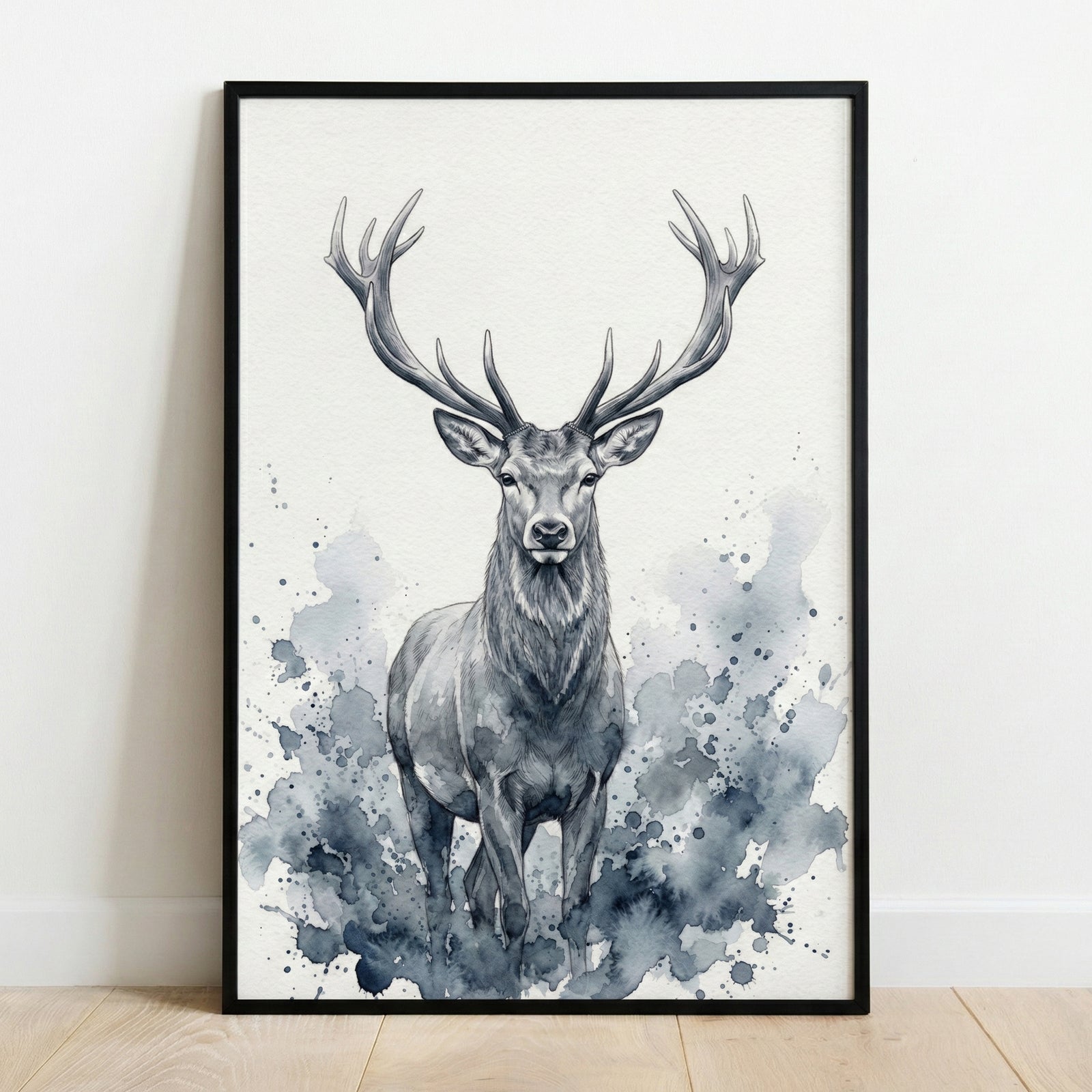 Watercolor-style painting of a majestic deer with large antlers standing confidently against an abstract background of dark blue and gray ink splashes.