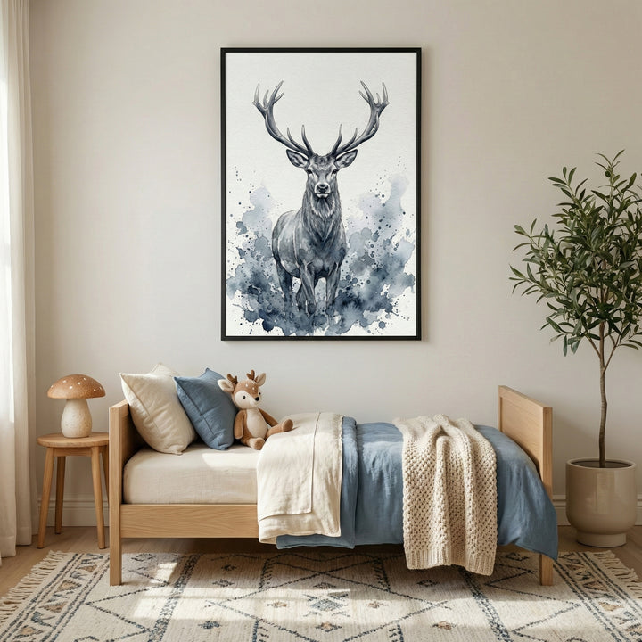 Framed illustration of a woodland deer with towering antlers, displayed above a cozy child’s bed with soft blue bedding and forest-themed decor.