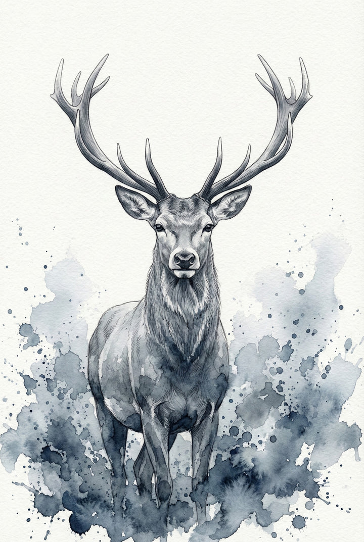 Monochrome watercolor illustration of a majestic deer with large antlers, standing tall amid abstract ink splashes. The detailed linework contrasts with the loose, expressive background, giving it a bold and elegant woodland feel.