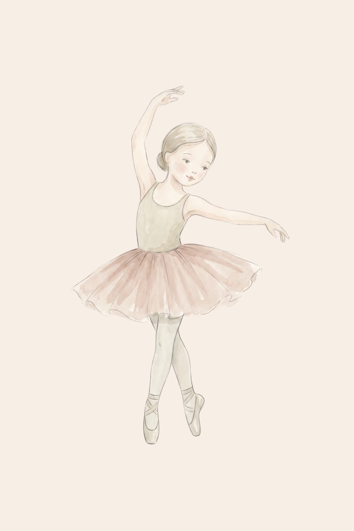 Watercolor illustration of a young girl in a pink tutu and ballet shoes; delicate beige leotard ballerina wall art.