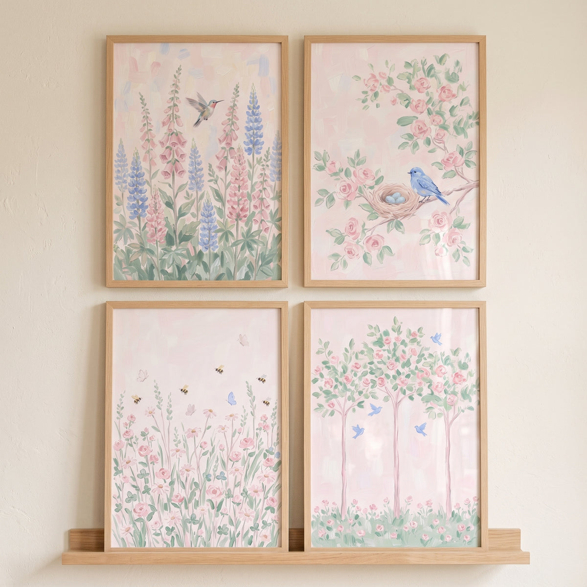 Delicate blush botanical garden wall art set of 4 with birds, bees, and flowers in light wood frames.