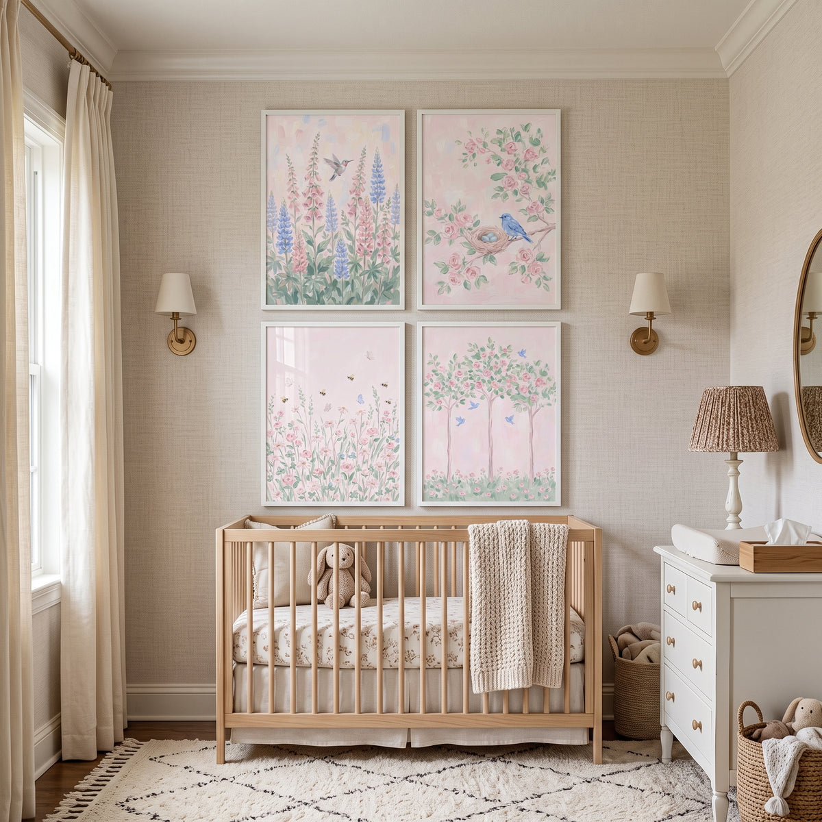 Delicate Blush Botanical Garden Wall Art Set of 4 - Soft Meadow Blooms