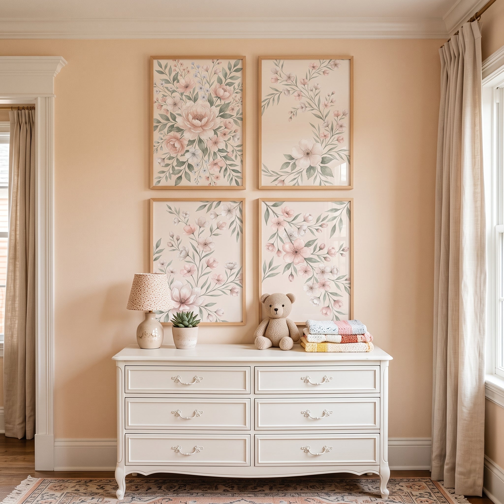 Delicate Blush Garden Wall Art Set of 4 - Pastel Garden Panels