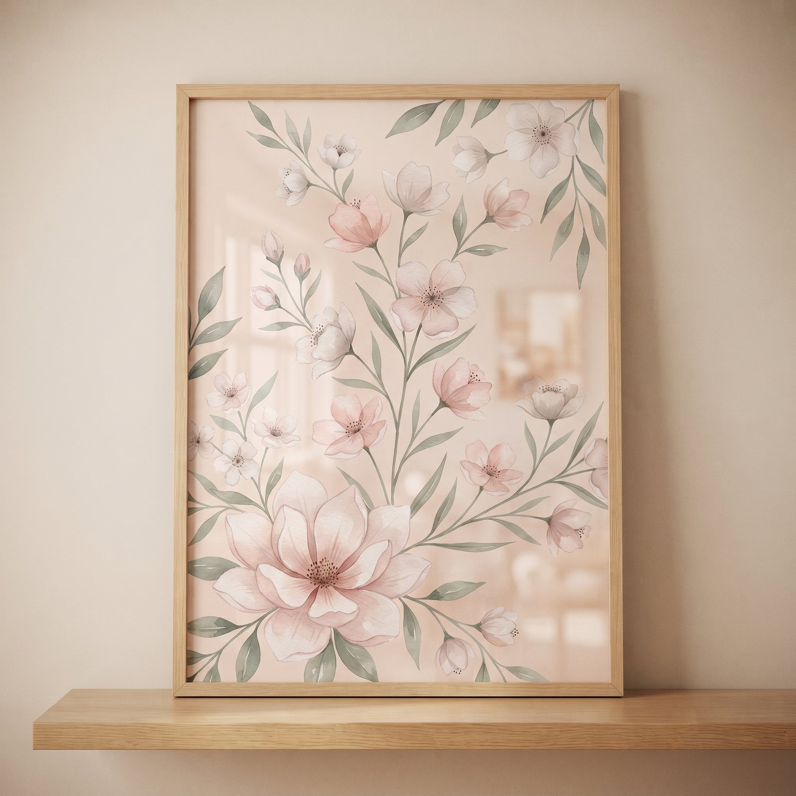 Delicate blush watercolor floral wall art in a wooden frame rests on a shelf, featuring pink flowers and green leaves.