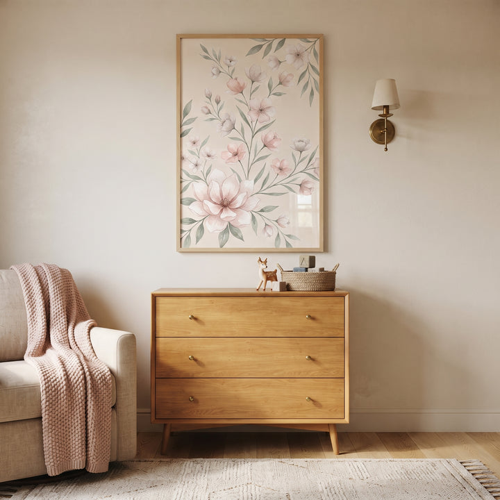 Delicate blush watercolor floral wall art hangs above a wood dresser next to a chair with a pink textured throw blanket.