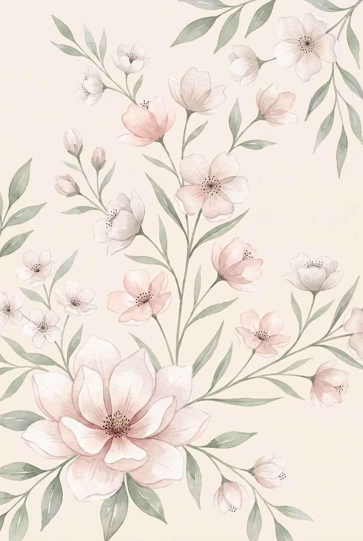 Delicate blush watercolor floral wall art featuring soft pink blossoms and sage green leaves on a neutral background.