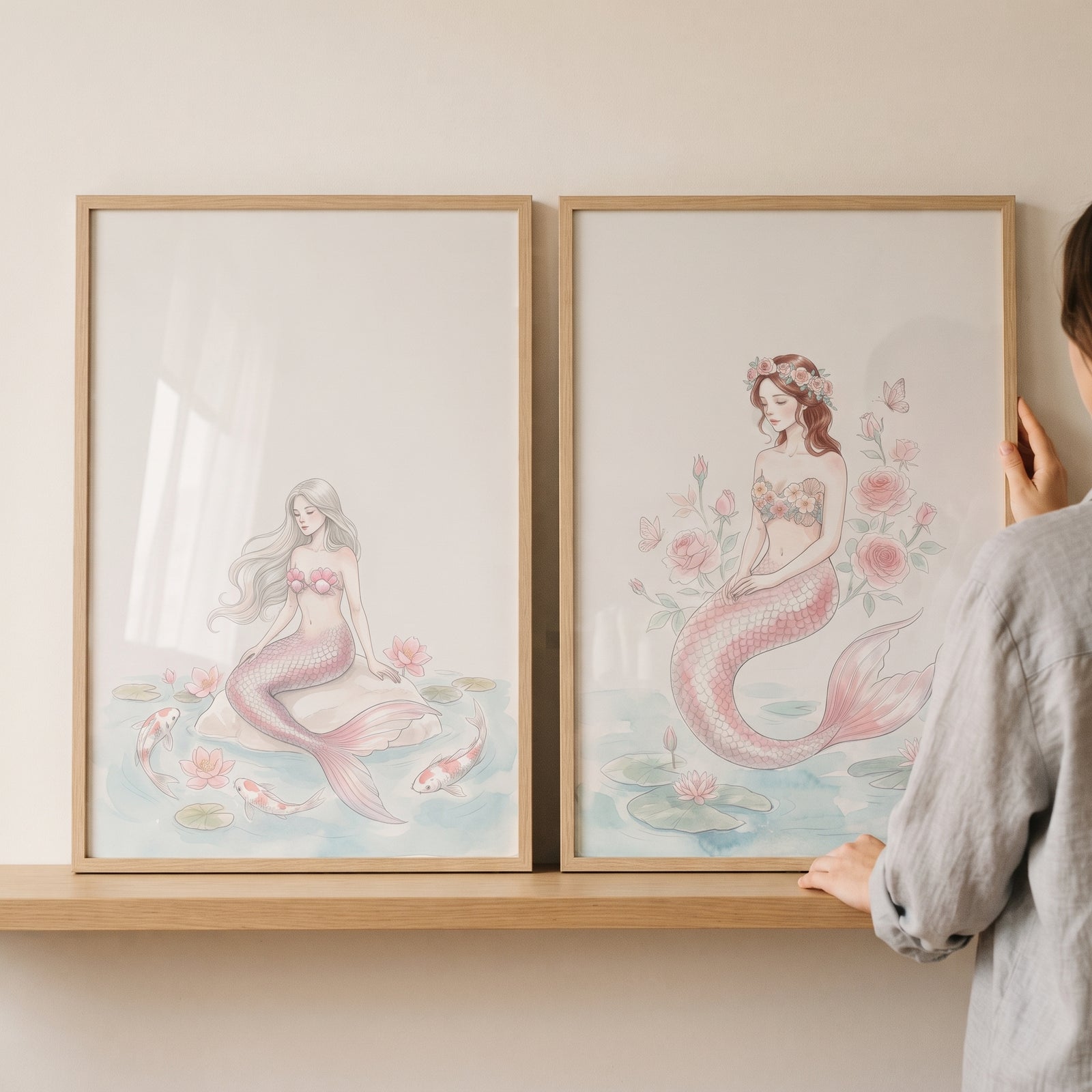 A person touches a delicate blush watercolor mermaid wall art set of 2 framed in wood on a shelf.