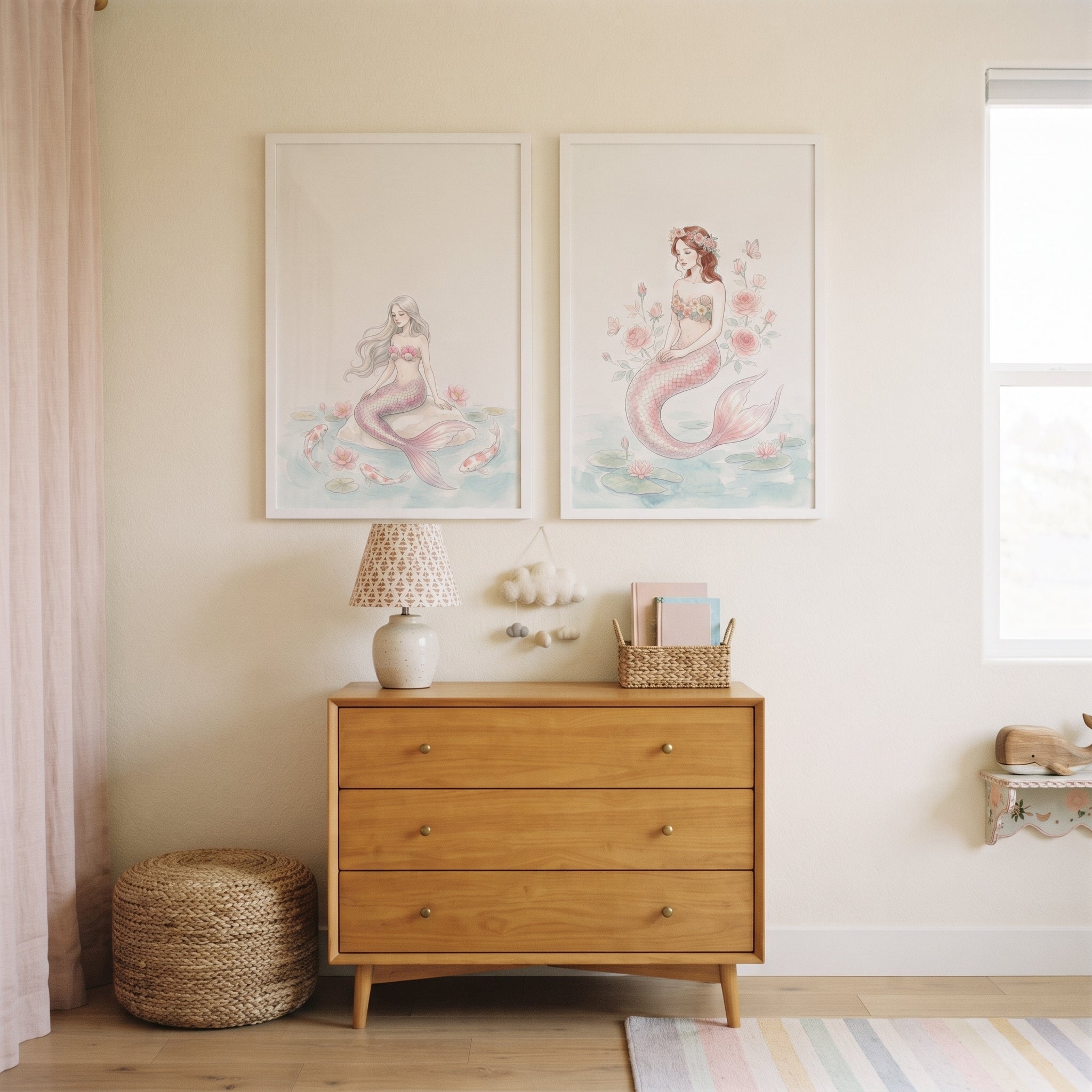 Delicate Blush Watercolor Mermaid Wall Art Set of 2 - Whimsical Water Nymphs
