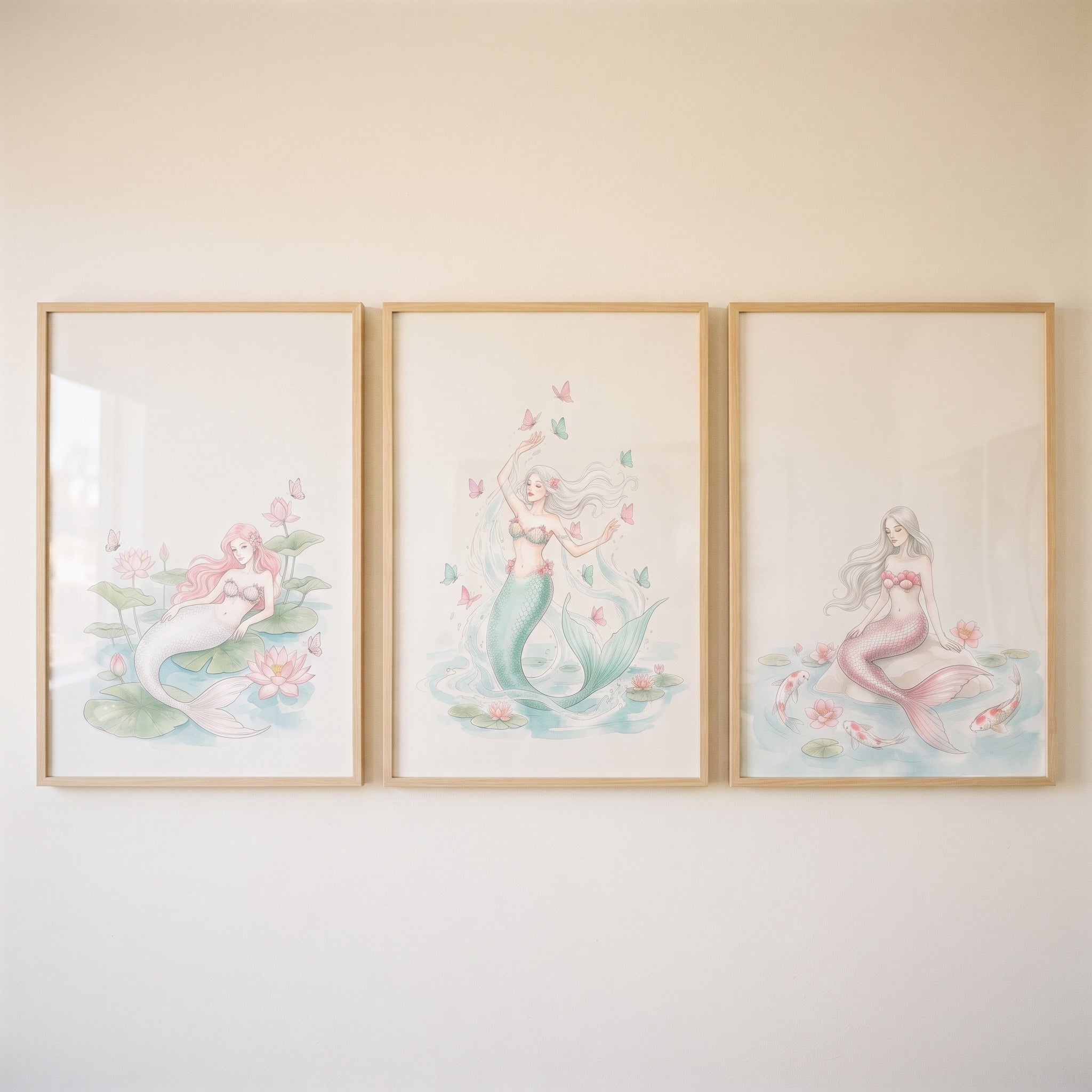 Delicate Botanical Watercolor Mermaid Wall Art Set of 3 - Enchanted Water Spirits