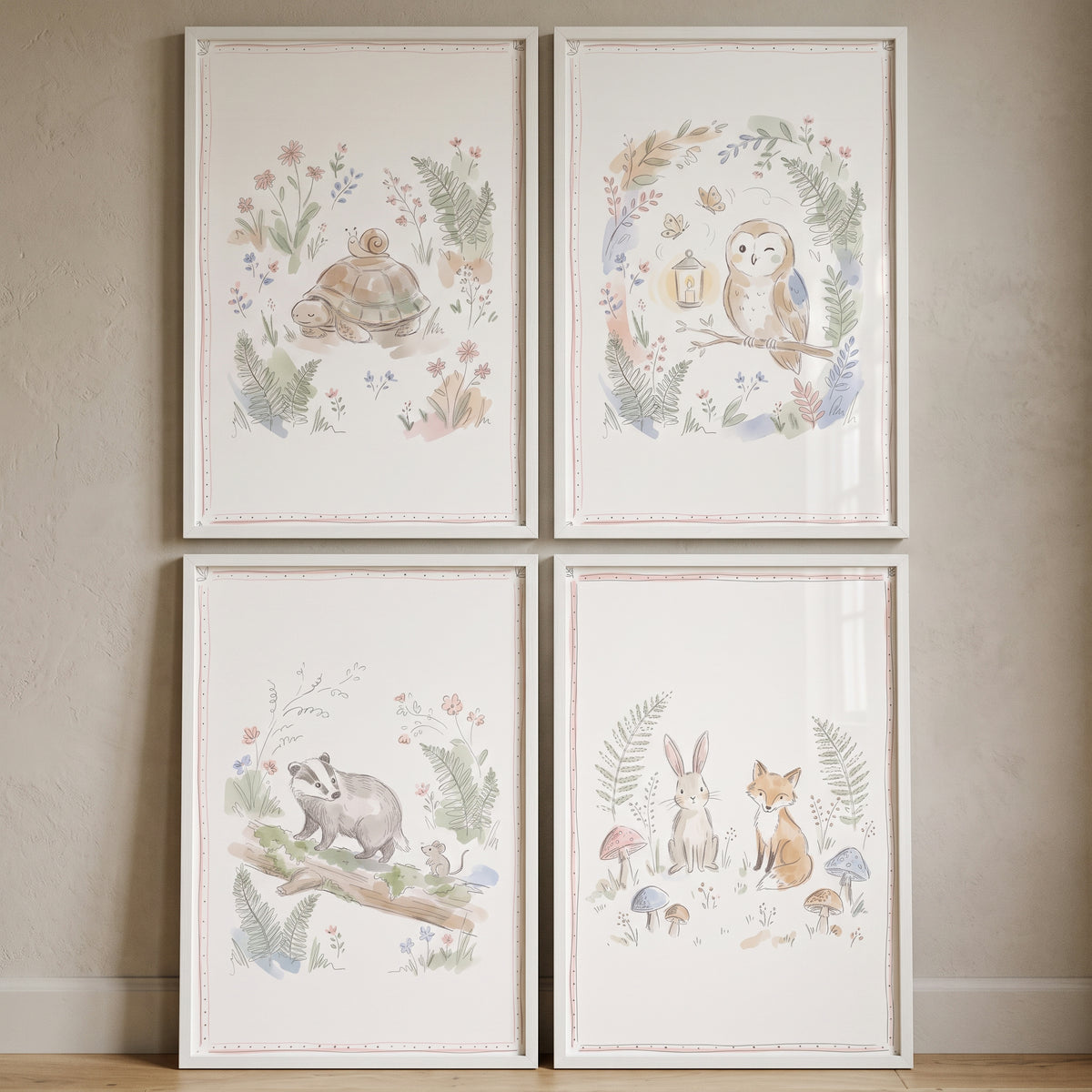 Delicate botanical woodland animal wall art set of 4 featuring a turtle, owl, badger, rabbit, and fox in soft watercolors.