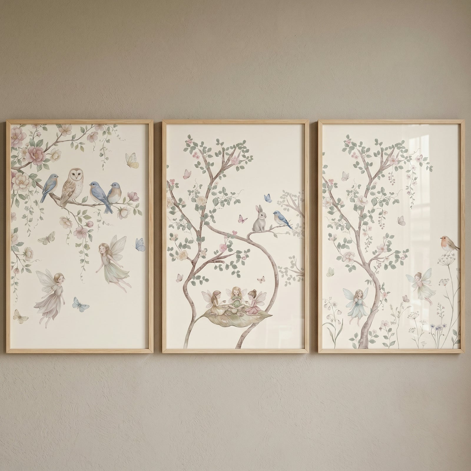 Delicate chinoiserie blossom fairies wall art set of 3 featuring birds, rabbits, and trees in soft pastel colors.