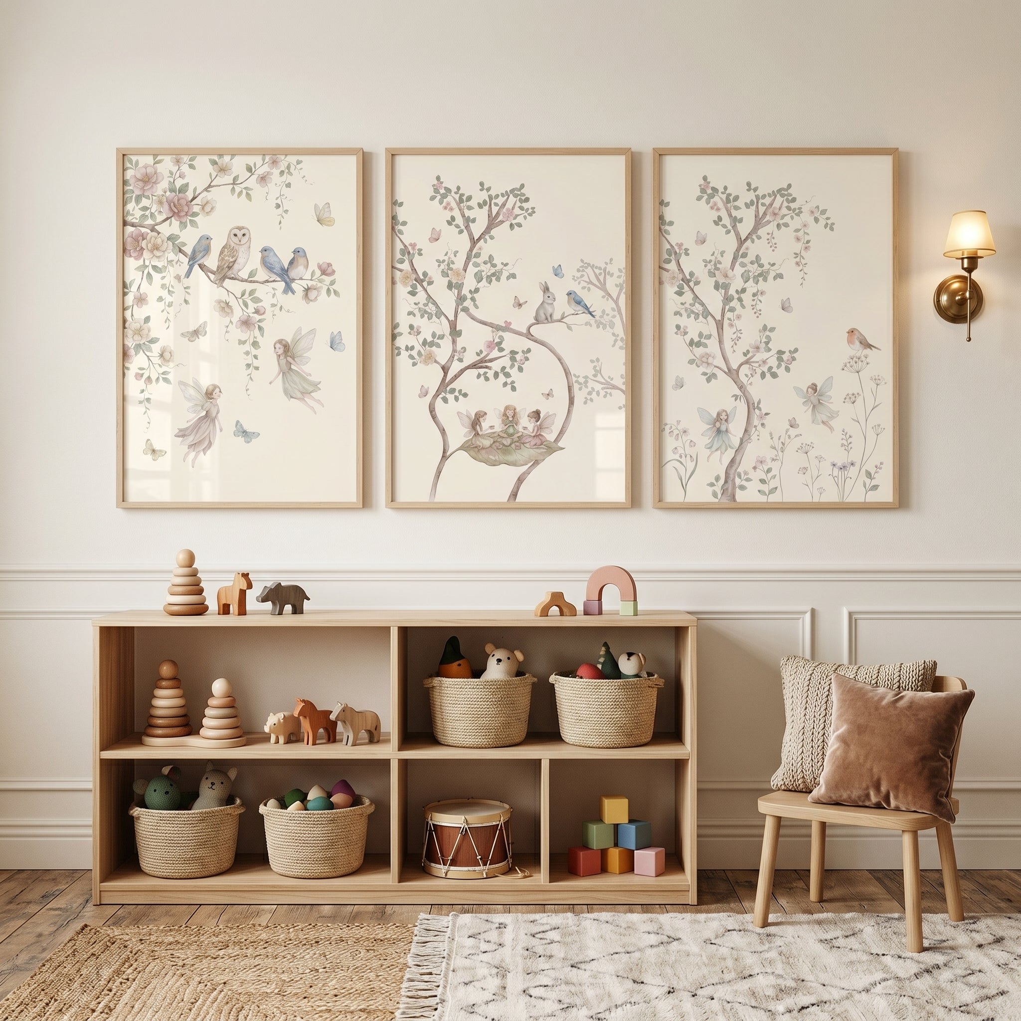 Delicate Chinoiserie Blossom Fairies Wall Art Set of 3 - Whimsical Garden Sprites