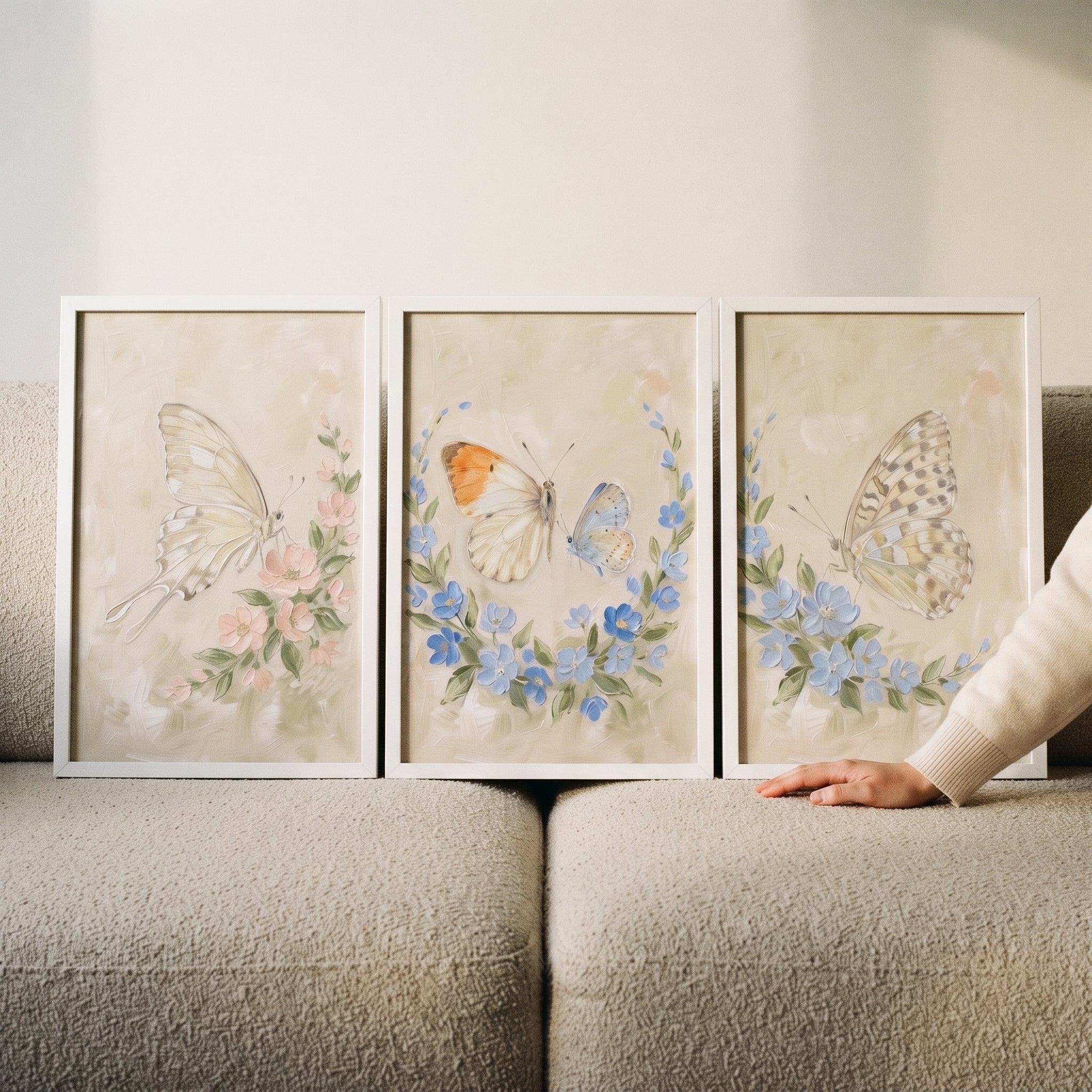 Delicate Cottagecore Floral Butterfly Wall Art Set of 3 - Spring Garden Wings