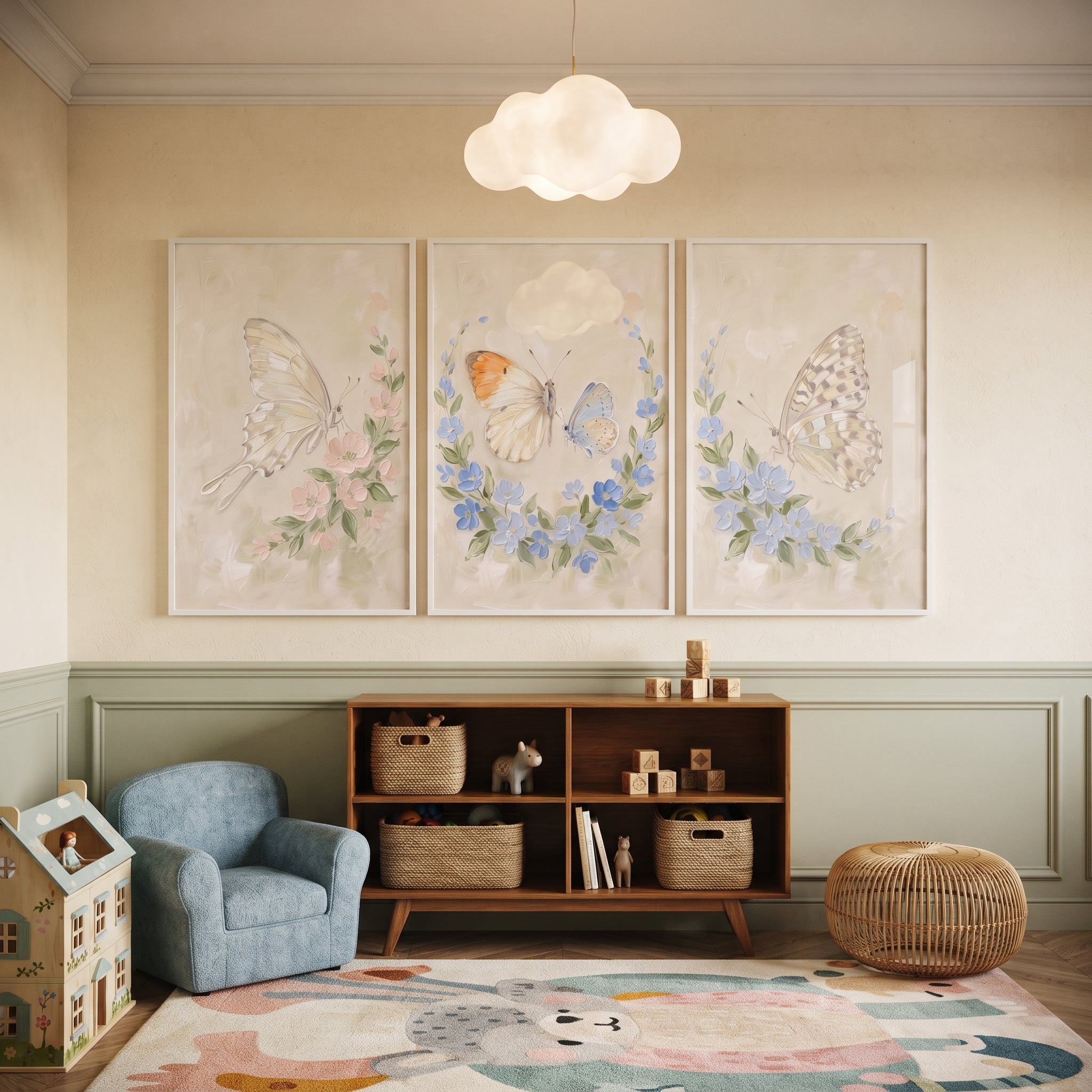 Delicate Cottagecore Floral Butterfly Wall Art Set of 3 - Spring Garden Wings