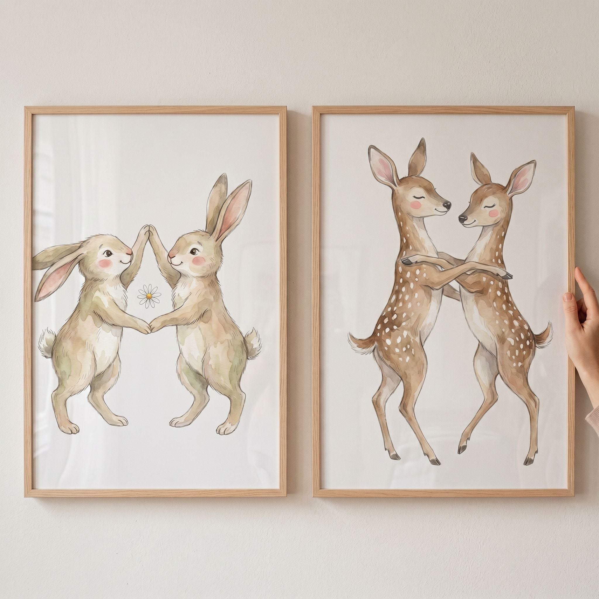 Delicate Dancing Woodland Animal Wall Art Set of 2 - Whimsical Woodland Waltz