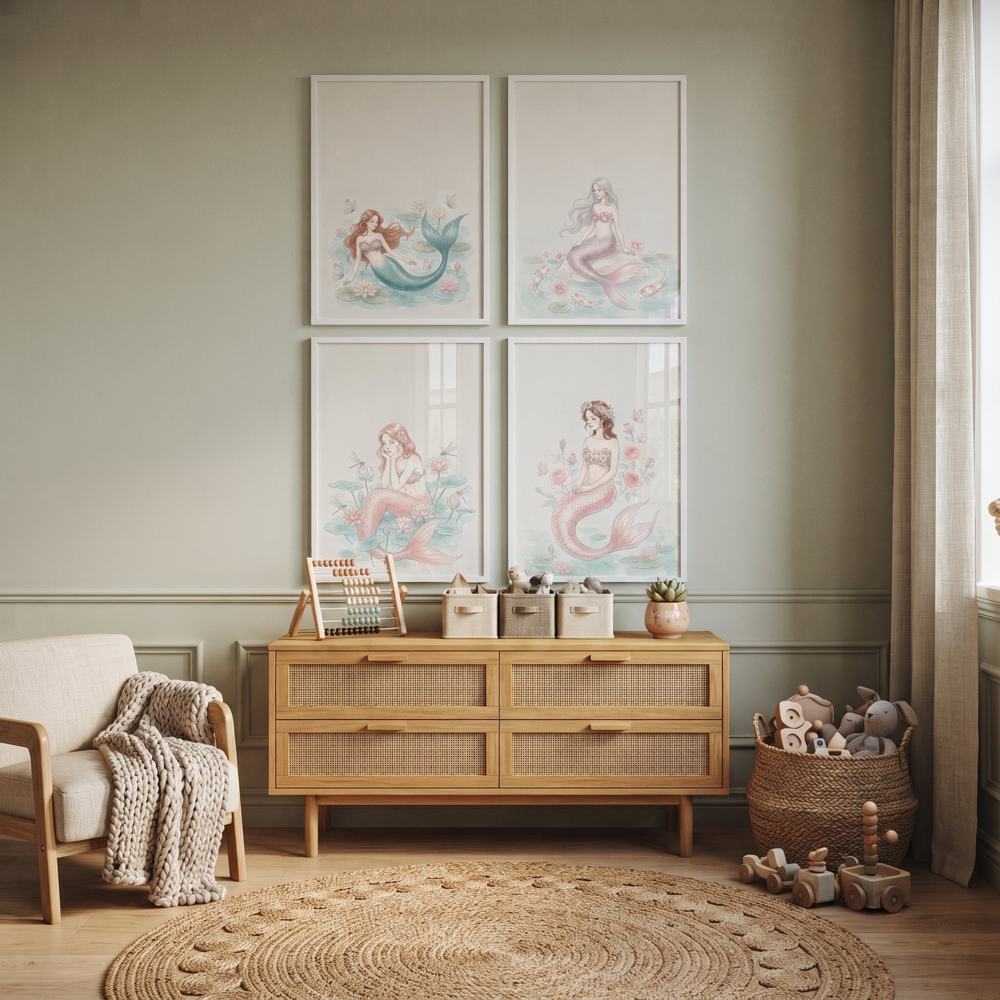 Delicate Fairytale Watercolor Mermaid Wall Art Set of 4 - Serene Mermaid Dreams