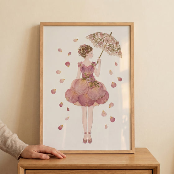 Framed delicate floral parasol lady wall art of a woman in a pink petal dress with petals falling around her.