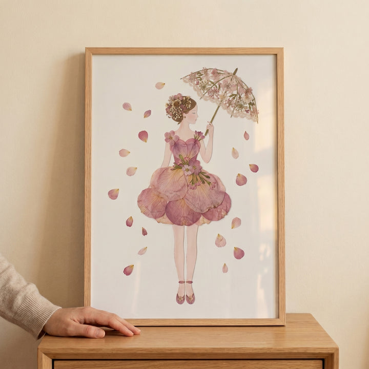 Framed delicate floral parasol lady wall art of a woman in a pink petal dress with petals falling around her.