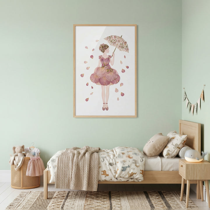 Delicate floral parasol lady wall art hangs above a wooden bed in a sage green room with a whale lamp.