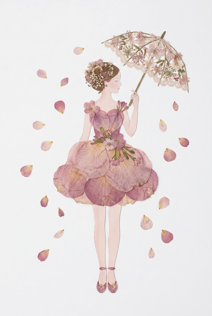 Delicate floral parasol lady wall art features a woman in a pink petal dress holding a pressed flower umbrella.