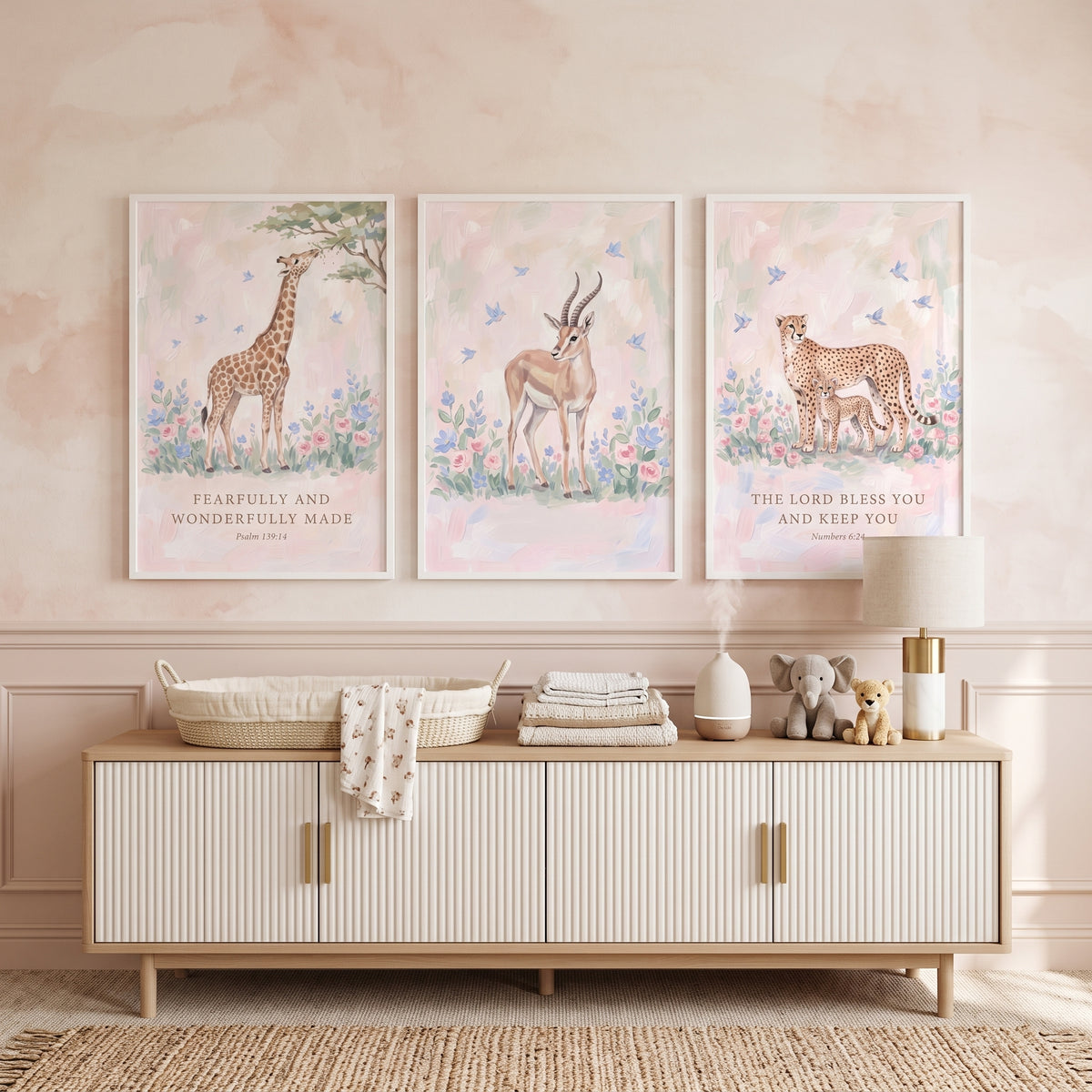 Delicate Floral Savanna Animals Wall Art Set Of 3 - Sacred Wildlife Trio