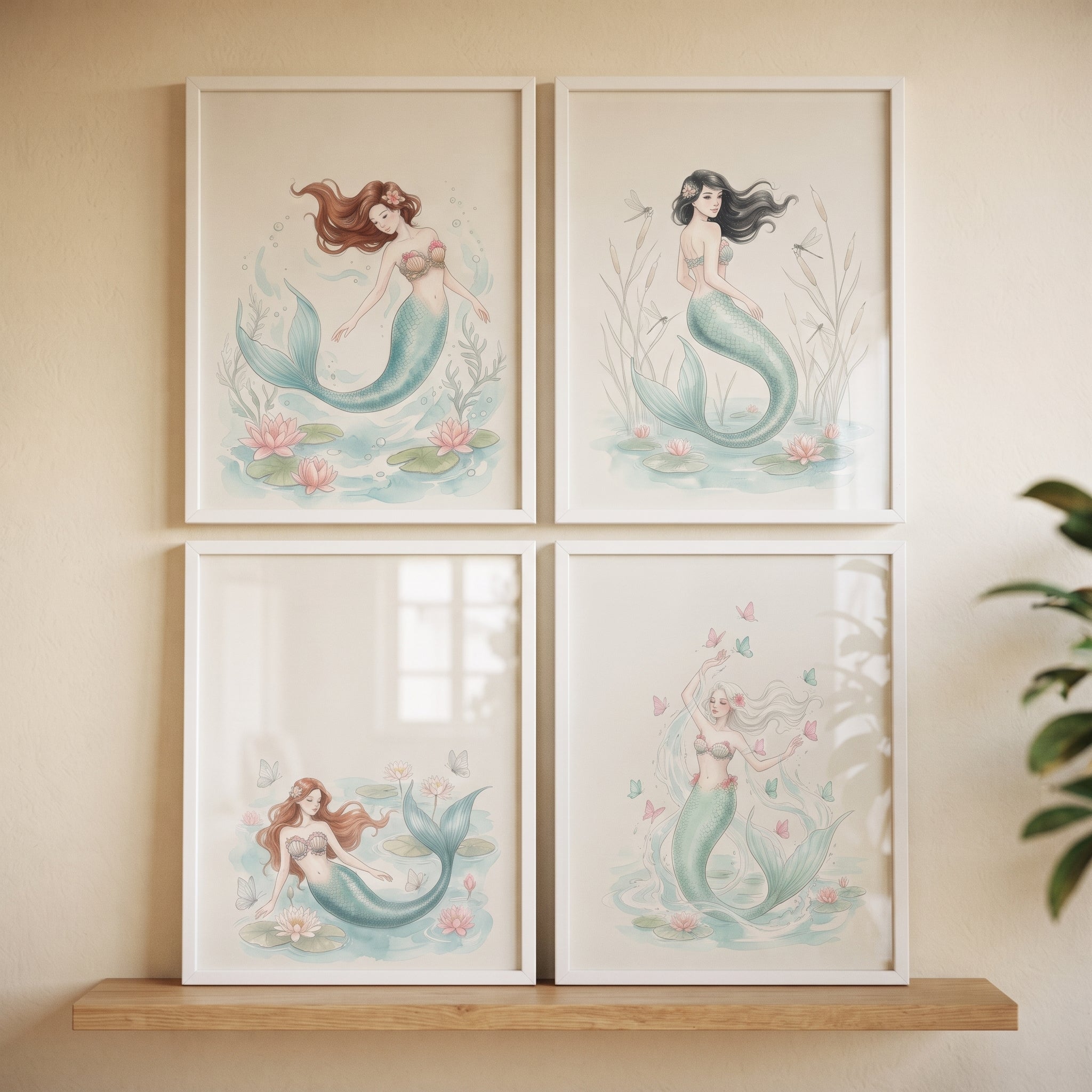 Delicate Mermaid Wall Art Set of 4 - Pastel Sea Sirens