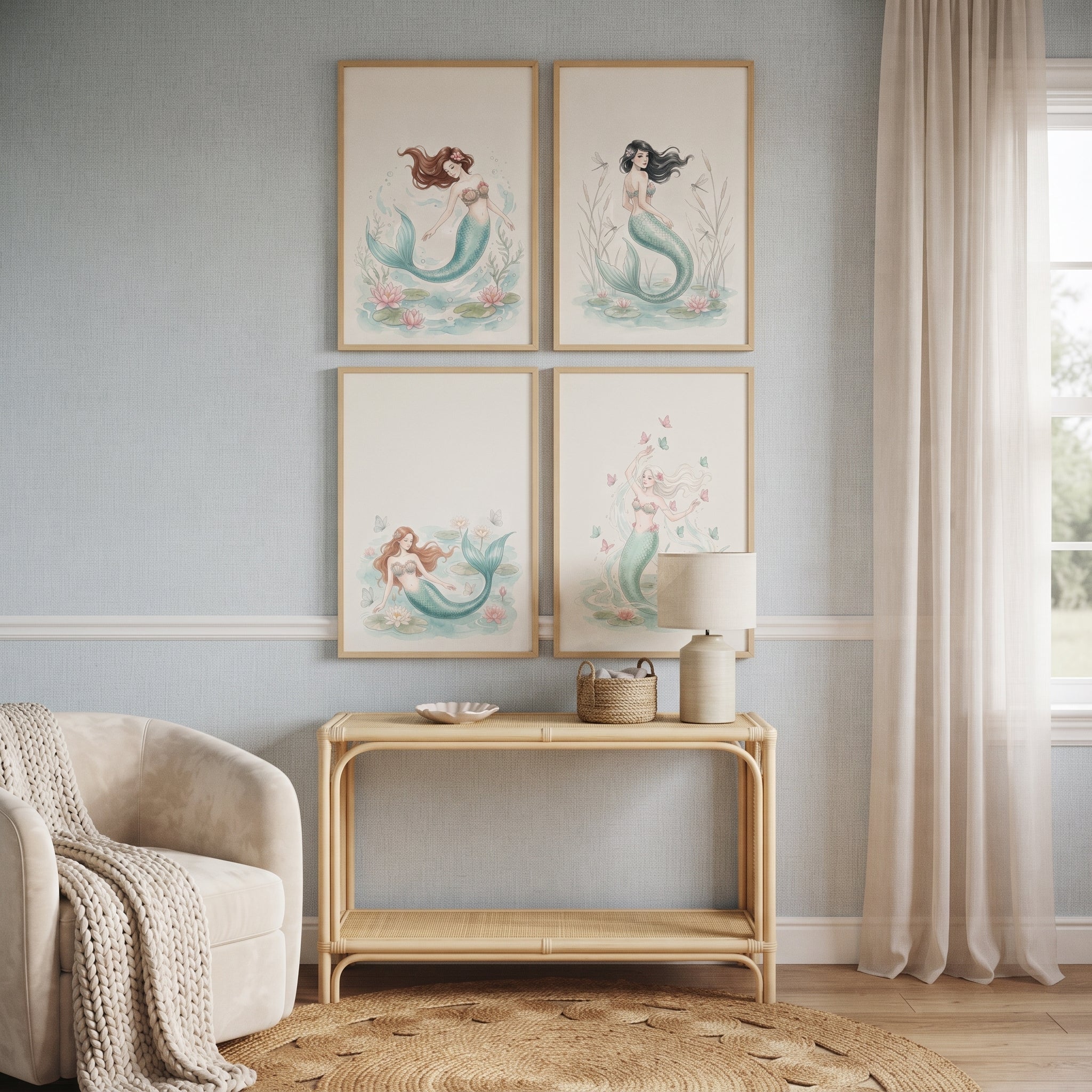 Delicate Mermaid Wall Art Set of 4 - Pastel Sea Sirens