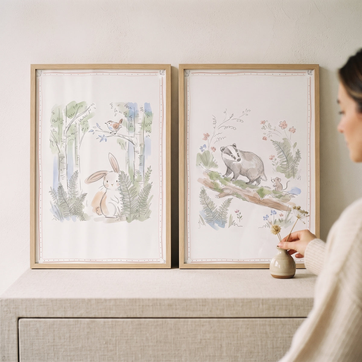 Delicate Nature Woodland Animal Wall Art Set of 2 - Gentle Forest Friends