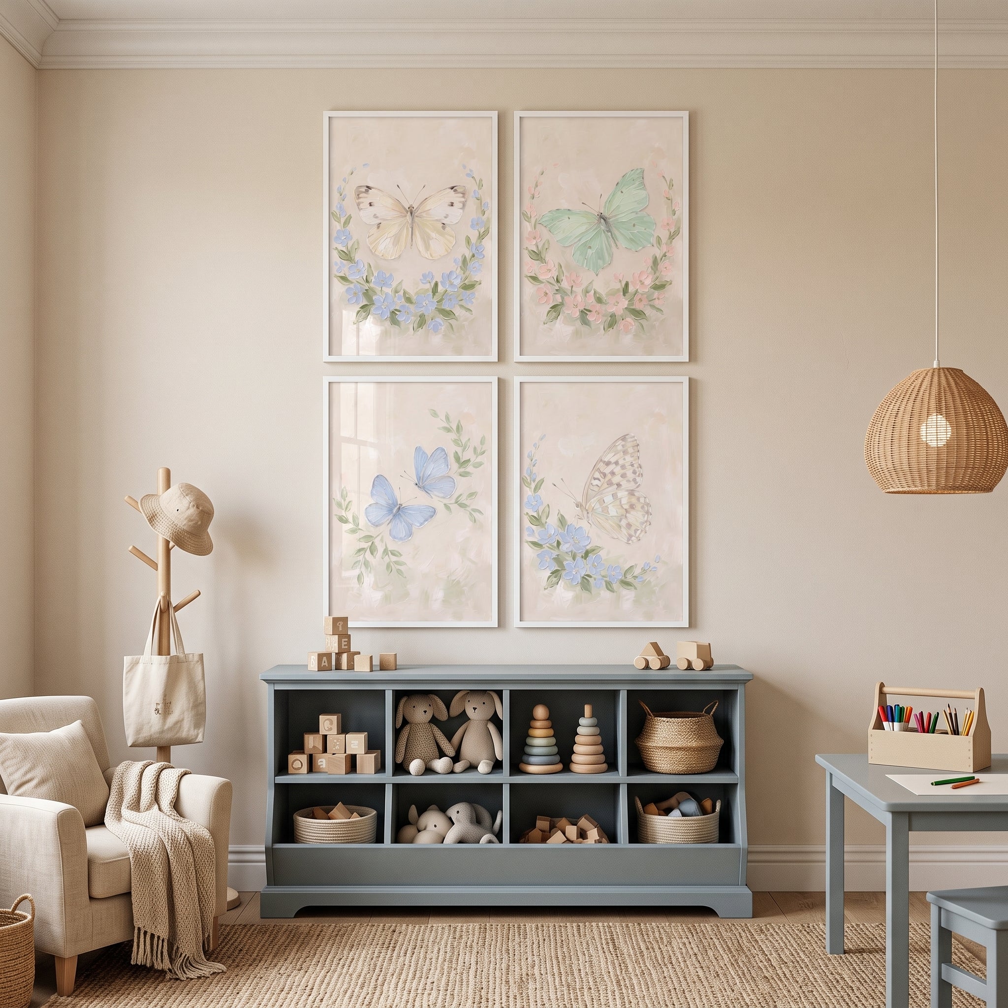Delicate Palette Floral Butterfly Wall Art Set of 4 - Pastel Flutter Garden