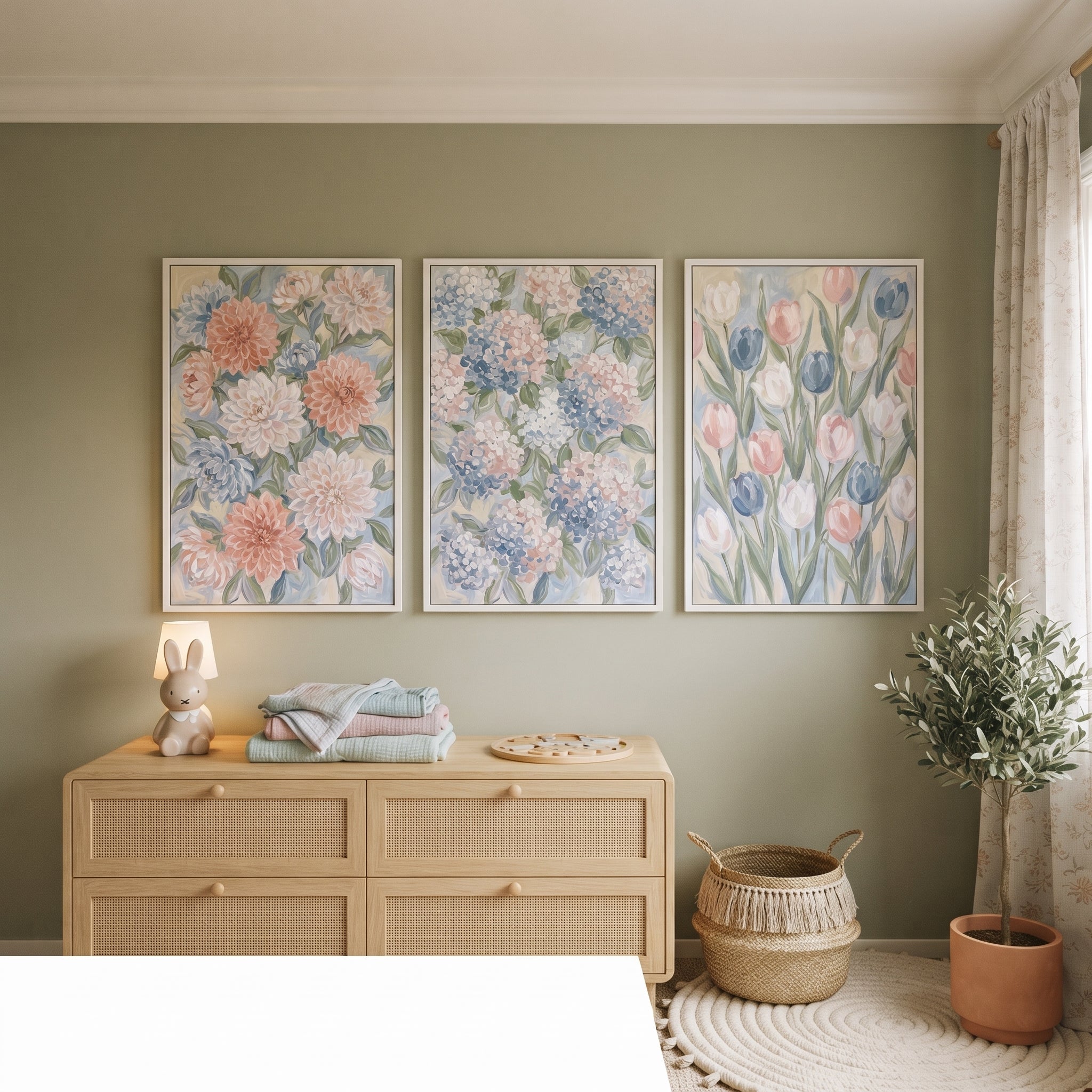 Delicate Pastel Garden Floral Wall Art Set of 3 - Soft Bloom Medley