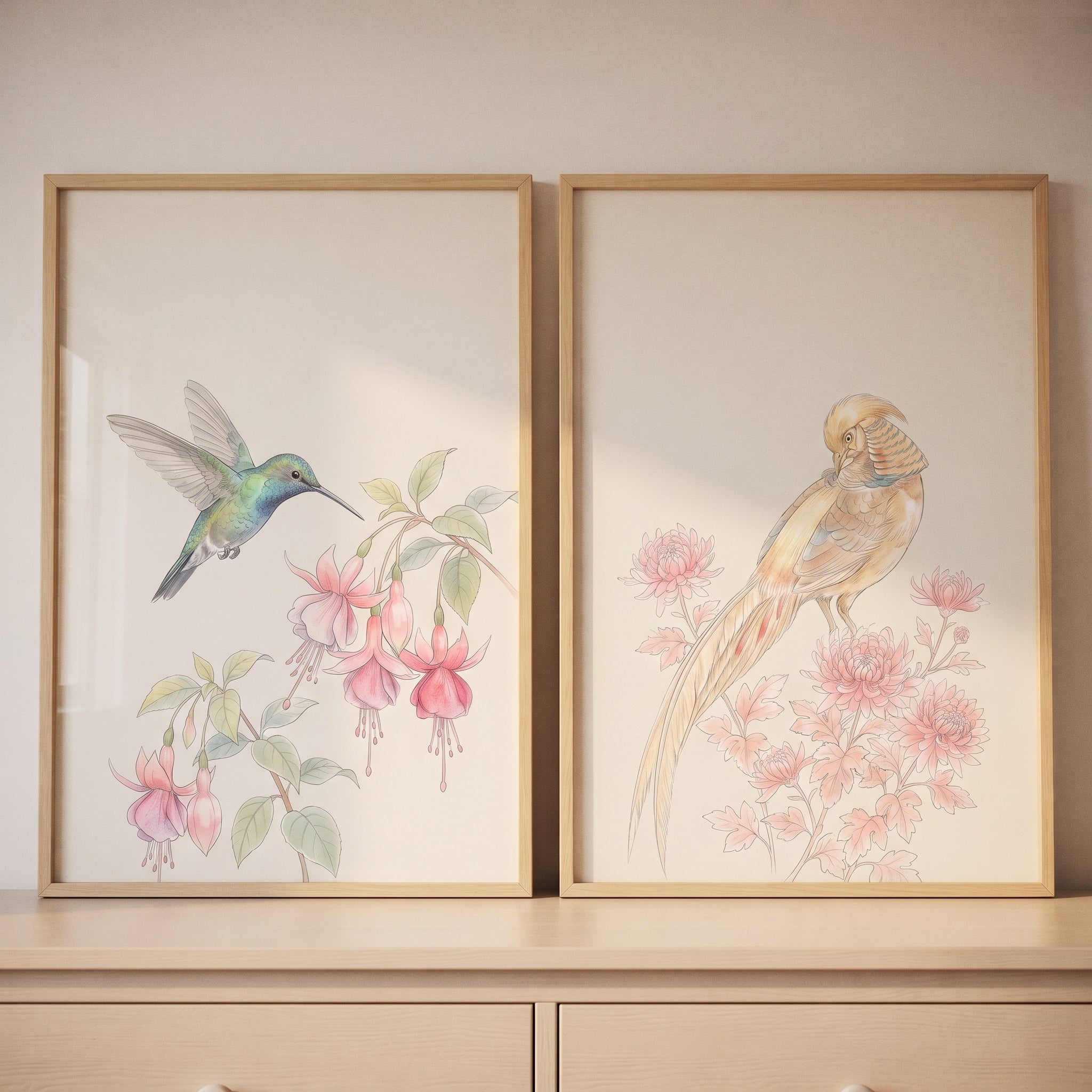 Delicate Pink Floral Bird Wall Art Set of 2 - Delicate Garden Pair
