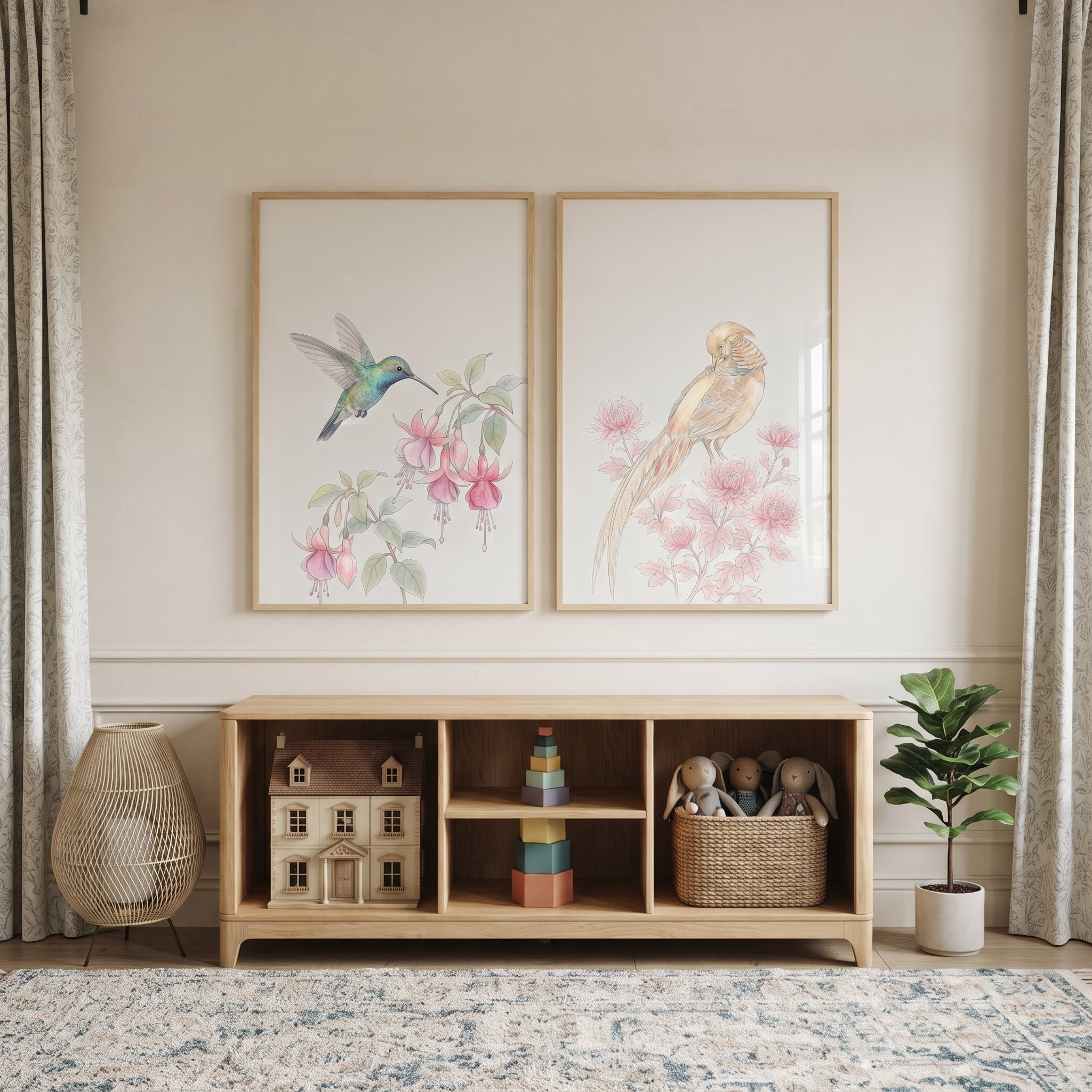 Delicate Pink Floral Bird Wall Art Set of 2 - Delicate Garden Pair