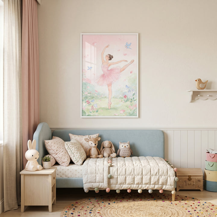 Delicate pink petal ballerina wall art hangs over a blue daybed with soft toys in a neutral, sunlit child's room.