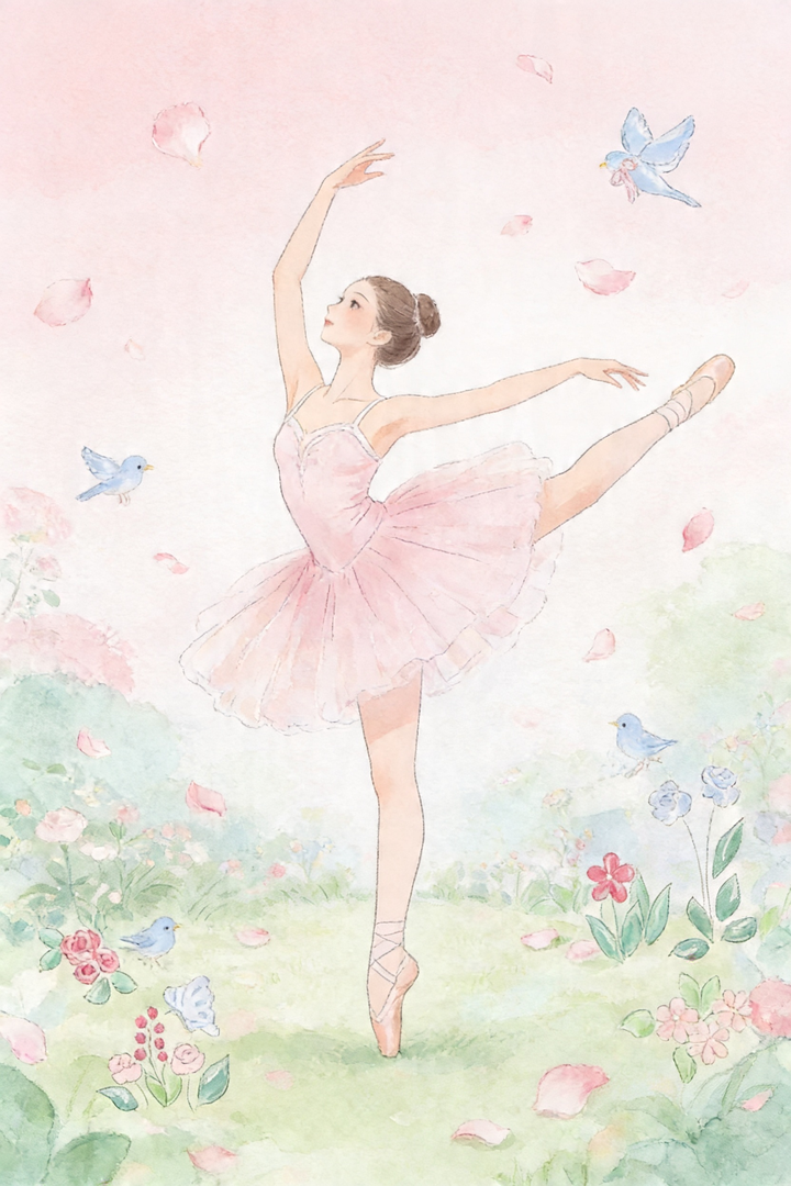 Delicate pink petal ballerina wall art featuring a dancer en pointe among blue birds and flowers in a soft garden.