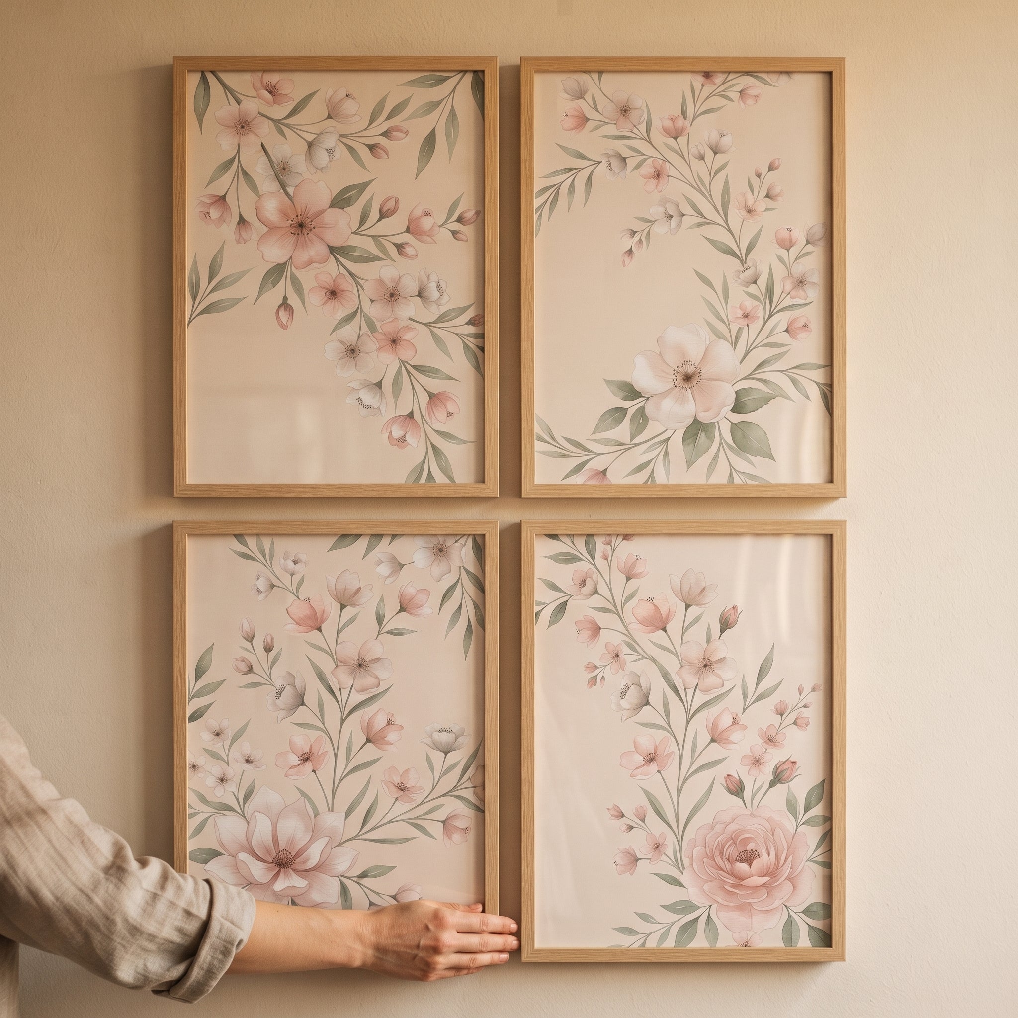 Delicate Pink Watercolor Floral Wall Art Set of 4 - Soft Spring Petals