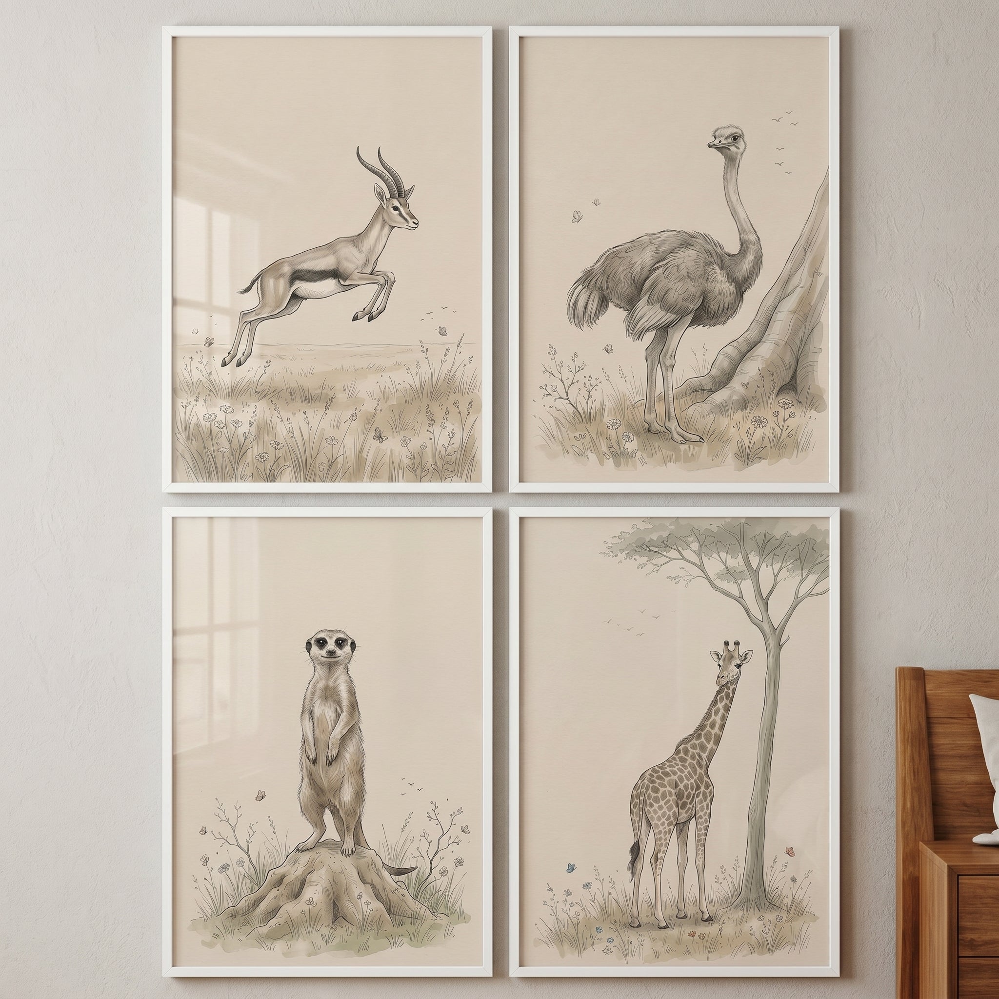 Delicate Safari Animals Wall Art Set of 4 - Vintage Safari Sketches