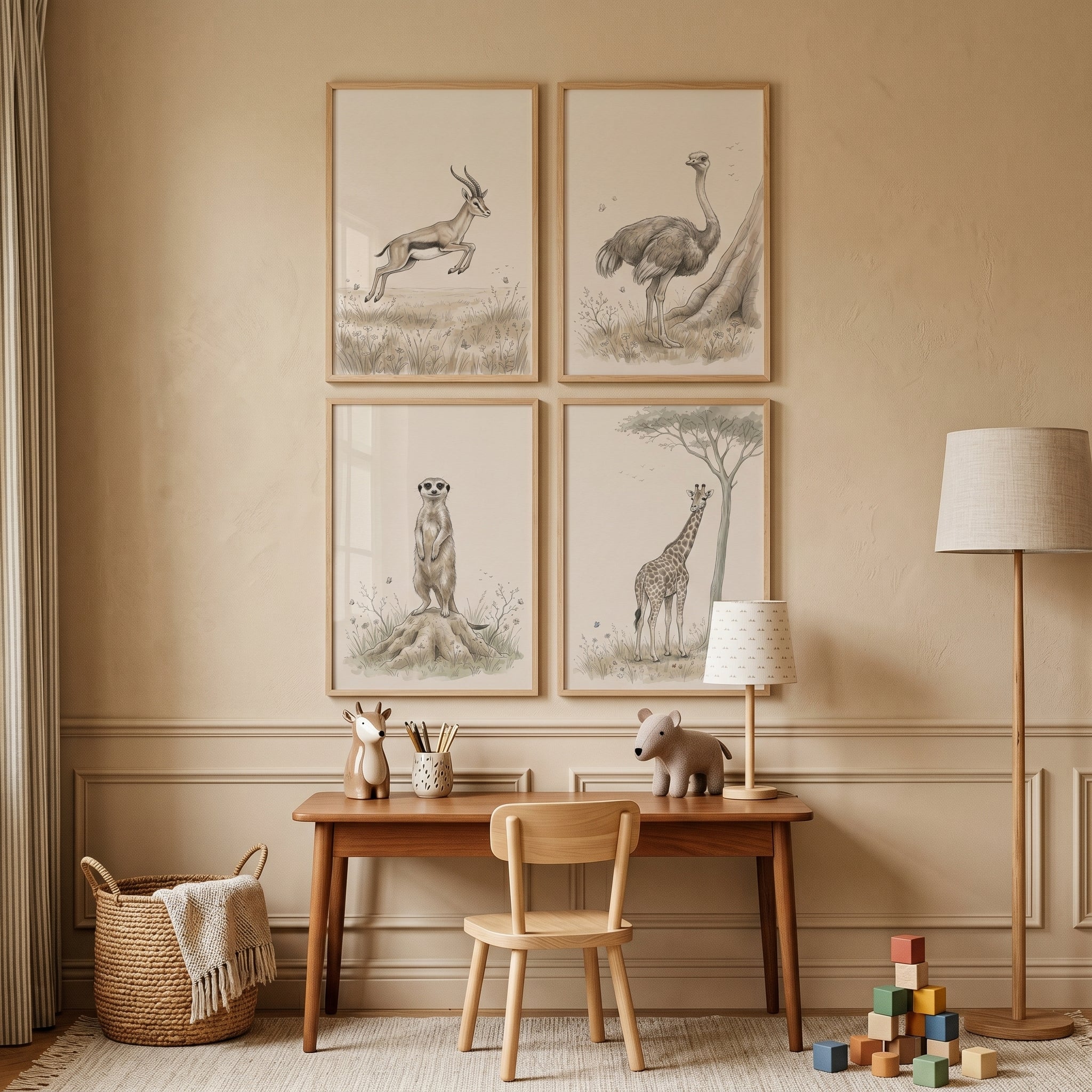 Delicate Safari Animals Wall Art Set of 4 - Vintage Safari Sketches