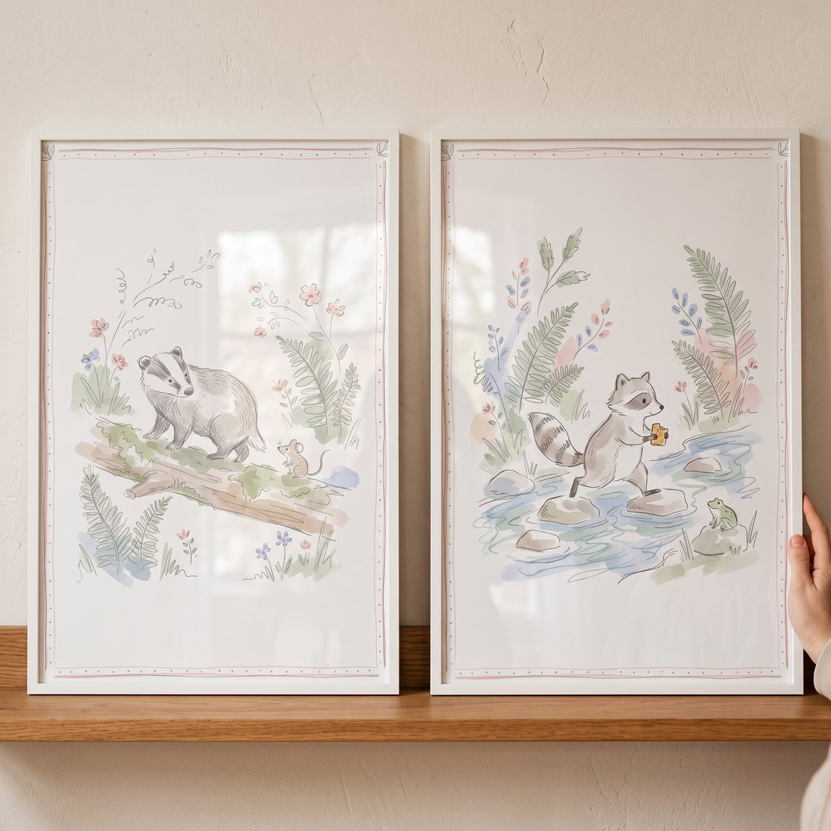 Delicate sketch woodland animal wall art set of 2 featuring a badger and raccoon in a soft watercolor style.