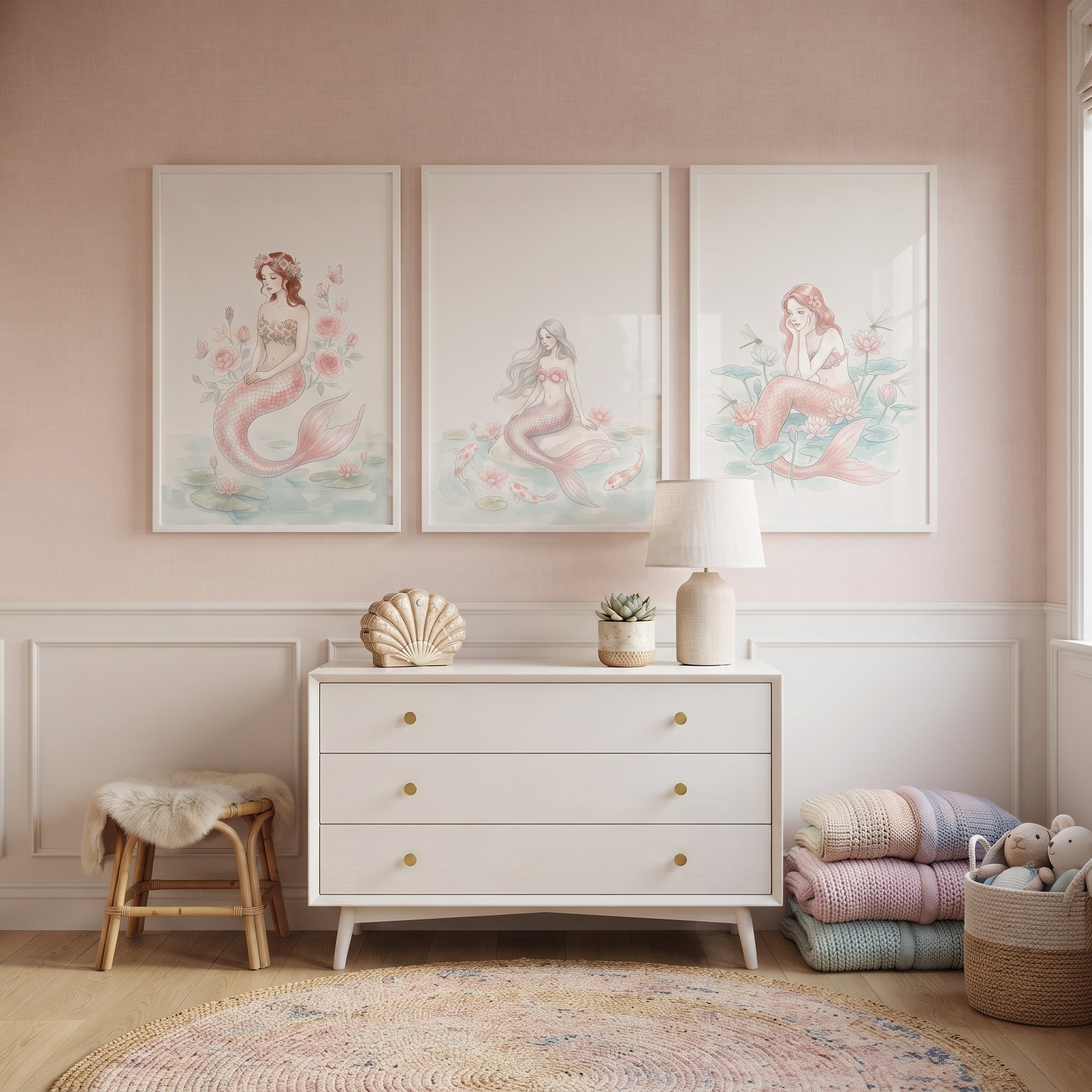 Delicate Soft Blush Mermaid Wall Art Set of 3 - Pastel Ocean Bloom